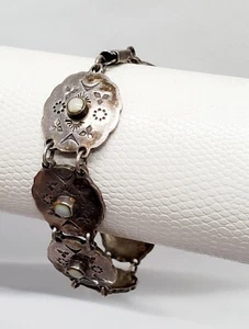 Old TAXCO 925 Sterling Silver Pale Green Turquoise Stamped Panel Bracelet 7.5" - Picture 1 of 11
