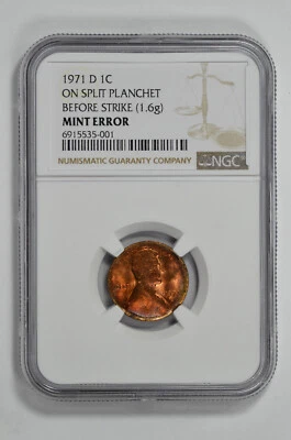 1971 D 1C Lincoln Memorial Cent On Split Planchet Before Strike NGC Mint Error - Image 1 of 2