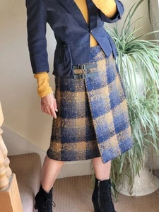 EJ Verdi Skirt Sz 12 32W Kilt Skirt Check Tartan Midi Buckle Mohair Wool Nwot - Picture 1 of 12