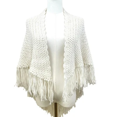 Винтажная ручная шаль OS вязание крючком треугольник коренастый бахрома бабушка коттедж хиппи  - Изображение 1 из 4