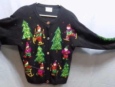 Vintage Marisa Christina Christmas Sweater Med Sequins Bugle Beads Wool Rabbit - Image 1 of 4