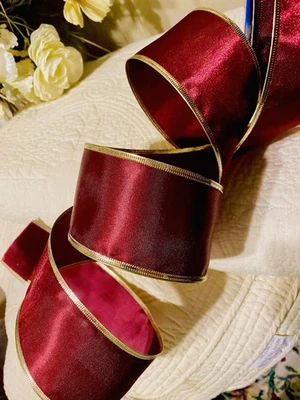 Christmas Burgundy Wine Solid 2.5" x 5 yd Satin Wired Ribbon Metallic Gold Edge - Image 1 of 3