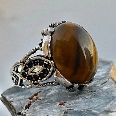 Anillo de plata de ley 925 para hombre ojos de tigre natural piedra joyería de Oriente Medio Foto 1 de 4