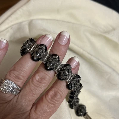 Браслет из натурального черного оникса и марказита с драгоценными камнями, серебро 925 пробы, 7,5 дюйма - Изображение 1 из 4