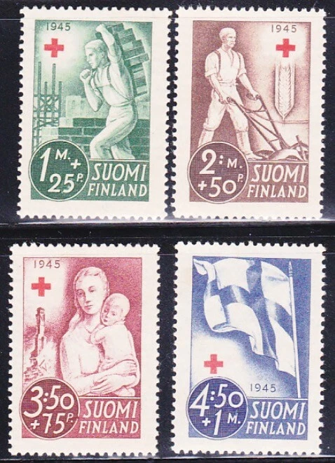 [OOS] Finland #Mi291-Mi294 MNH 1945 Farmer Mason Flag Mother Child [B65-B68] - Image 1 of 1
