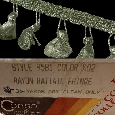 Vtg Conso Fabric Upholstery 2" Fringe Tassel  Trim Rattail  Pom Pom Green -Yard - Image 1 of 4