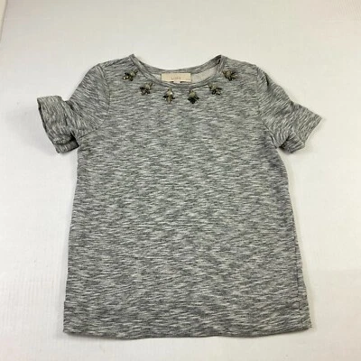 LOFT Womens Cotton Beaded Sweatshirt Gray Short Sleeve Pullover PS Petites - Image 1 of 4