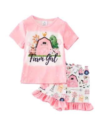New Boutique Girls 6 Pink Farm Barn Pig Cow Ruffle Shorts Set Outfit - Image 1 of 2