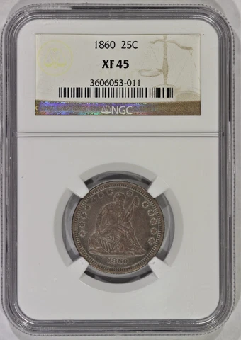 1860 25c Silver Liberty Seated Quarter NGC XF45 Cover
