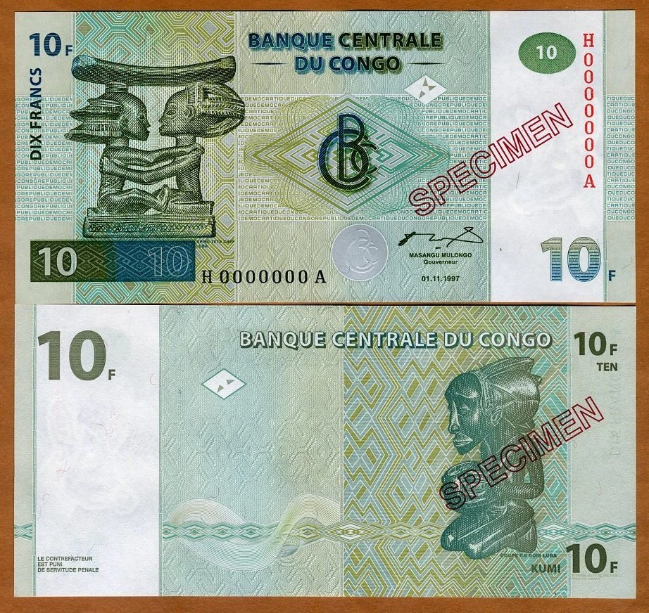 SPECIMEN, Congo D.R. 10 Francs, 1997, P-87s, UNC - Image 1 of 1