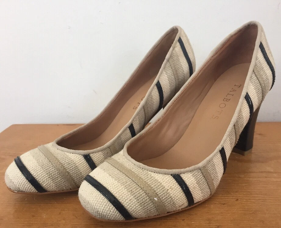Zapatos de salón Talbots beige negro a rayas de lino punta redonda tacón alto para mujer 5,5 M 35,5 Foto 1 de 4