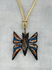 Hand Painted Wood Carved Butterfly Leather Cord Necklace Goldtone Hardware - Picture 1 of 7