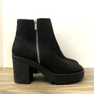 French Connection Black Faux Suede Moto Zipper Platform Chunky Heel Boots sz 10 - Picture 1 of 9