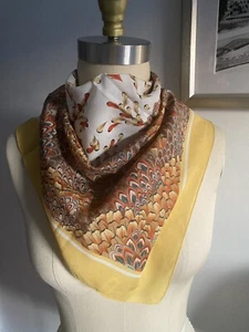 Vintage Scarf Made In Italy Feathers Peacock Yellow, Brown, Turquoise 26” X 24” - Picture 1 of 8