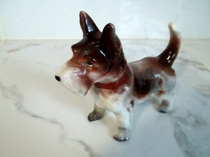 Porcelain Terrier Dog Figure, Red Collar, Browns & White, Made In Japan Logo - Picture 1 of 4