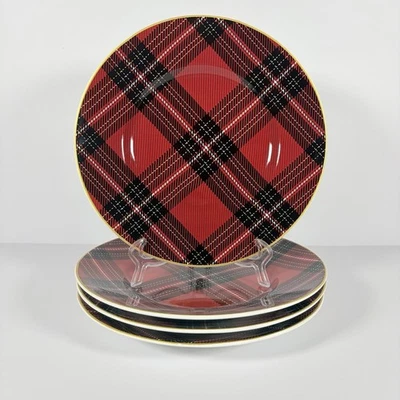 Juego de 4 platos de ensalada a cuadros tartán Pier 1 rojo negro y dorado Foto 1 de 4