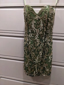 Scala Pailletten Seide Perlen Minikleid Gr. 8 trägerlos Herzausschnitt grün - Bild 1 von 14