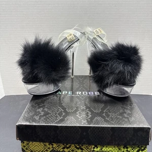 Cape Robbin black fluffy faux fur and clear vinyl stiletto heel Size 9 - Picture 1 of 5