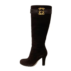 Auth GUCCI Interlocking G 225356 Dark Brown Gold Suede Hardware - Boots - Picture 1 of 10