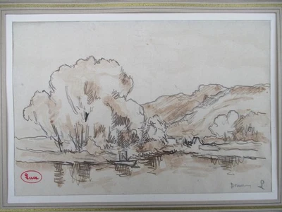 Maximilien LUCE (1858-1941). Paysage de campagne. Dessin à l'encre,Cachet. Cadre - Photo 1/4