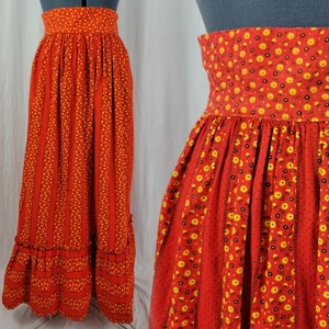 Vintage Red Floral & Striped Prairie Maxi Skirt w Ruffled Hem Size M? - Picture 1 of 19
