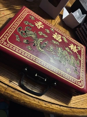 Vintage Portable Mahjong Set Rare Chinese 144 Tiles Mah-Jongg Game Leather Box - Image 1 of 2