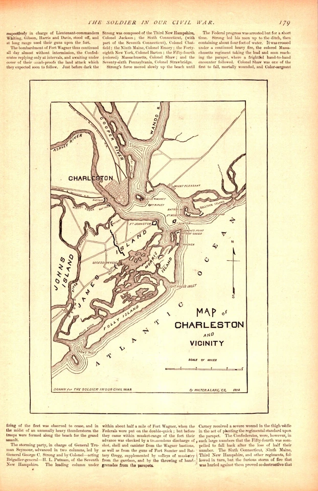 Mapa CHARLESTON, CAROLINA DEL SUR Y ALREDEDORES Antigua Guerra Civil Original 1884 Foto 1 de 1