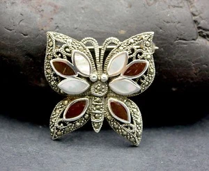 STERLING SILVER MARCASITE, MOTHER OF PEARL & COCONUT BROOCH FREE FAST SHIPPING!! - Picture 1 of 5