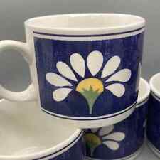 Spring Daisy by Oneida Set of Six Mugs Coffee Cups Denim Blue White Daisy