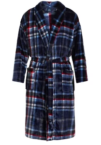 George Men's Robe Bathrobe Blue Plaid One Size Plush Fleece Belt Pockets - Picture 1 of 4