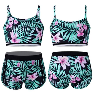Girls Camo Print Swimsuit Athletic Crop Tank with Trunks Tankini Bathing Suit - Picture 1 of 77