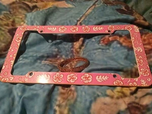 License Plate Frame Hawaiian Hibiscus Pink & Bracelet 2.75" Metal Copper Colored - Picture 1 of 5