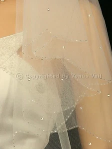 2T Ivory Bridal Elbow Length Scalloped Beaded Edge Rhinestones Wedding Veil - Picture 1 of 5