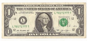 $1 Dollar Bill,  Fancy Serial Number #70171777 Series 2013 - Picture 1 of 2