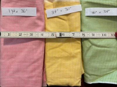 VTG Gingham Fabric Cotton Check Remnants Pink Yellow Green 3 Pcs New 60s 70s - Image 1 of 4
