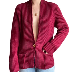 Vintage 1970s Womens Red 100% Shetland Wool Ribbed Fisherman Cardigan Sz M - Picture 1 of 7