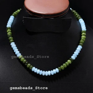 925 Sterling Silver Green Vessonite+Aquamarine Quartz 8-9MM Smooth Necklace  18" - Picture 1 of 8