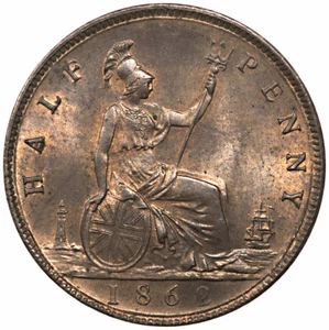 1862 Halfpenny Victoria 1/2d ~ hochwertig mit Glanz - Bild 1 von 2