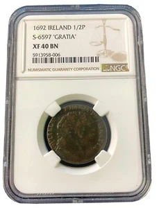 IRELAND 1692 HALF PENNY WILLIAM AND MARY S-6597 NGC XF40 - Picture 1 of 5
