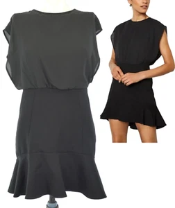 Karen Millen Dress Blouson Black Cap Sleeve Tailored Frill Hem Smart size UK 8 - Picture 1 of 13