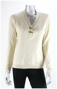 Maglione Henley A V Collo In Metallo Dorato Petite Charter Club PM - Foto 1 di 2