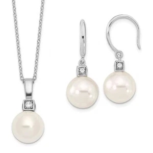 925 Sterling Silver 10mm White Shell Pearl CZ Dangle Earrings Necklace Chain Set - Picture 1 of 5