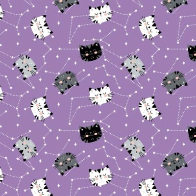 Cats Having Fun Kittens Constellation Purple Baby Nursery Quilting Cotton 44" Fa - Image 1 of 4