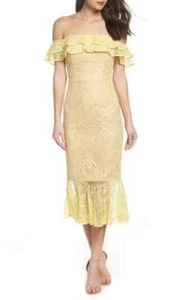 JARLO Yellow Lemon Floral Nude Sheer Lace Ruffle Off Shoulder Midi Dress 4 US S - Picture 1 of 6