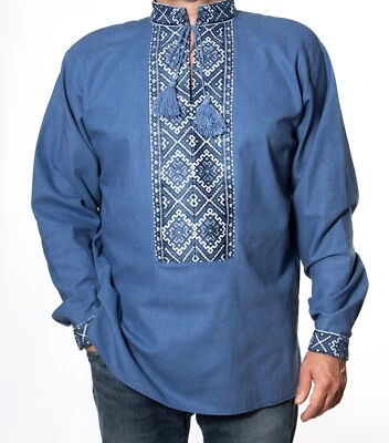 Vyshyvanka for Mens Ukrainian handmade Embroidery Linen Blue L Wedding Dress - Image 1 of 4