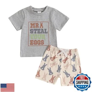 LAGKIYOJ Toddler Boy Easter Outfit Bunny Short Sleeve T-shirt Solid Shorts In - Picture 1 of 5