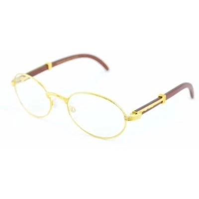 Vintage Men's Clear Lens Yellow Gold Retro Round Wood Hip Hop Oval Glasses - Image 1 of 4