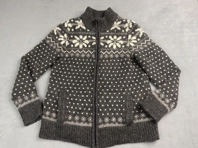 LL Bean Sweater Womens Medium Gray Wool Cardigan Birdseye Fair Isle Nordic Zip - Image 1 of 4