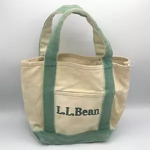 Vintage Green White Small LL Bean Boat Tote Embroidered Spell Out Bag w Pocket - Picture 1 of 11