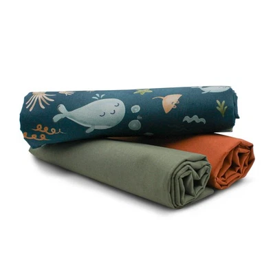 Baumwollstoff 1x Druck + 2x Uni je 0,5m Stoffpaket Nähen f. Kinder Wale Set 81 - Bild 1 von 4
